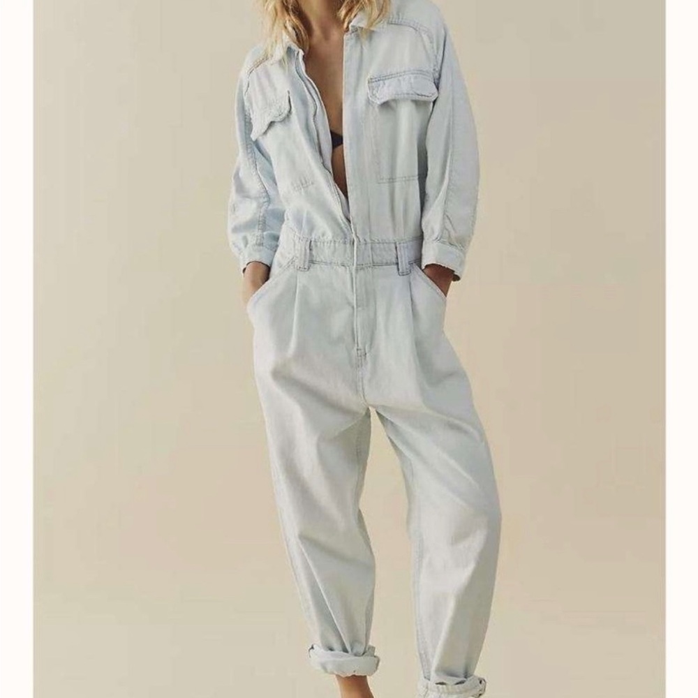 Free People Sammie Denim Coverall Bleach Bloom
